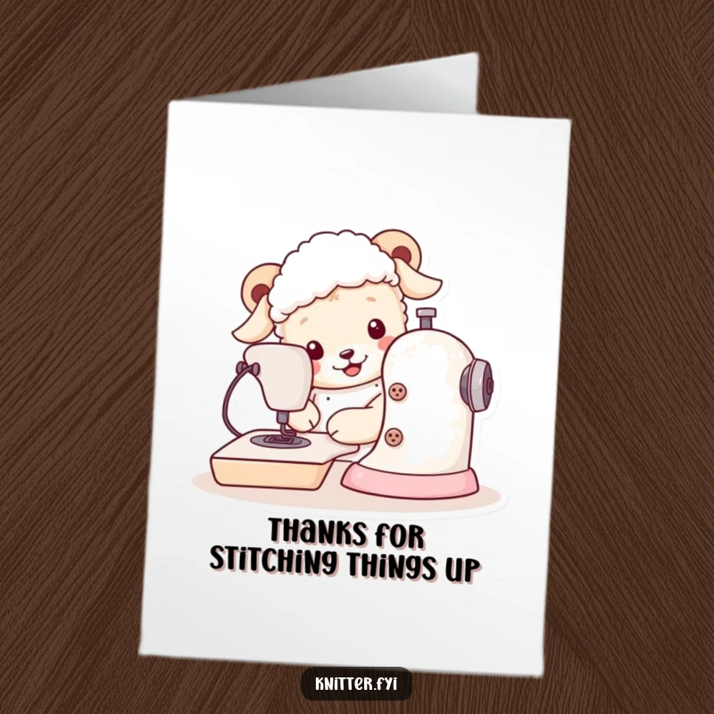 Funny free printable thank you card, a sheepdog happily sewing, conveying gratitude, perfect for DIY gifts.