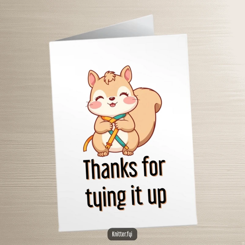 Funny free printable thank you card, a squirrel tying bright ribbons to show thanks, cute DIY gift.