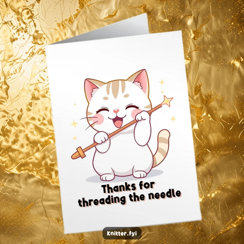 Funny Free Printable Thank You Card: Cat humorously threading a giant sparkling needle, a delightful DIY gift of thanks.