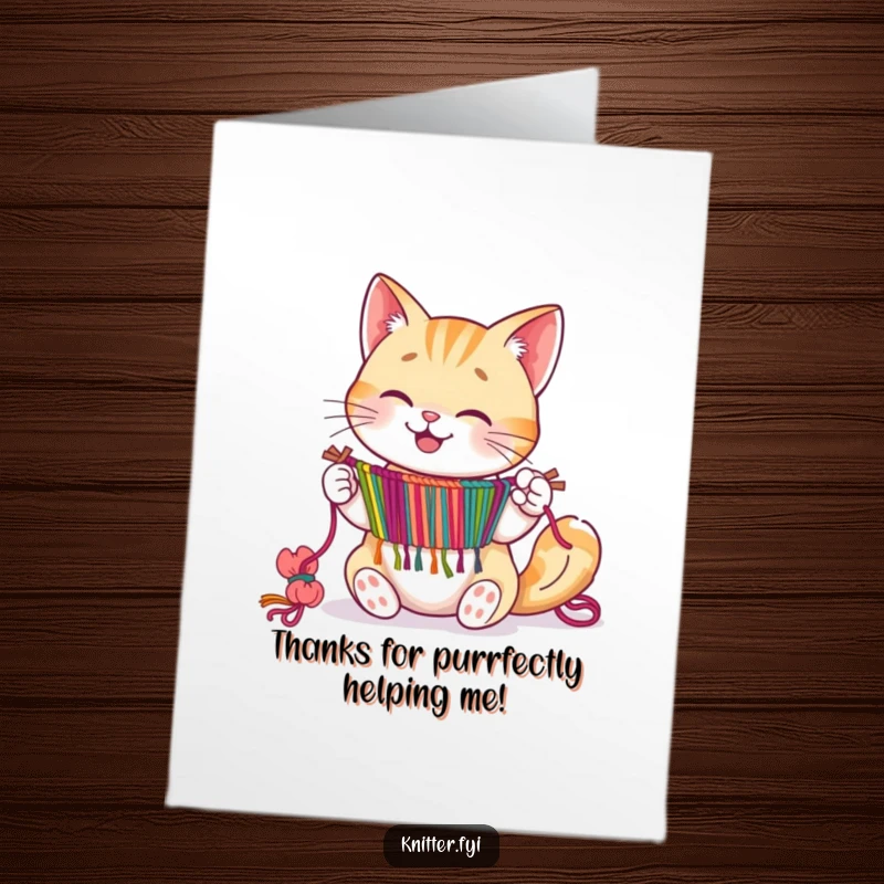 Funny Free Printable Thank You Card: A happy cat intently weaving a colorful tapestry with its paws, saying thanks.