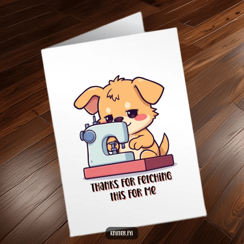 Funny Free Printable Thank You Card: A determined dog character using a sewing machine with great focus, showing appreciation through craft.