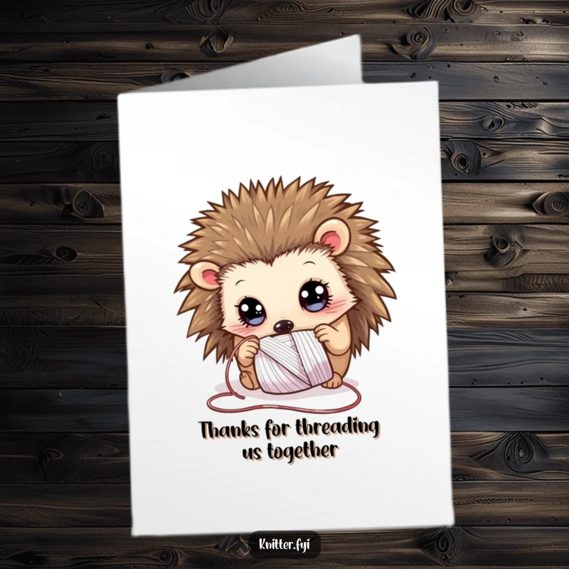 Funny Free Printable Thank You Card: Curious hedgehog examining shimmering thread, perfect for a DIY gift.