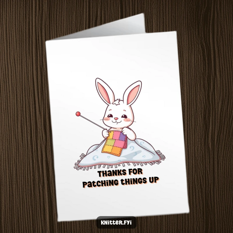 Funny Free Printable Thank You Card: Rabbit humorously stitches a patch, a thoughtful DIY gift for expressing thanks.
