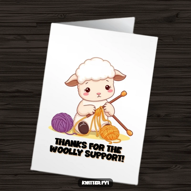 Funny Free Printable Thank You Card: A cute sheep character focused on threading colorful yarn onto a needle, expressing thanks with craft.