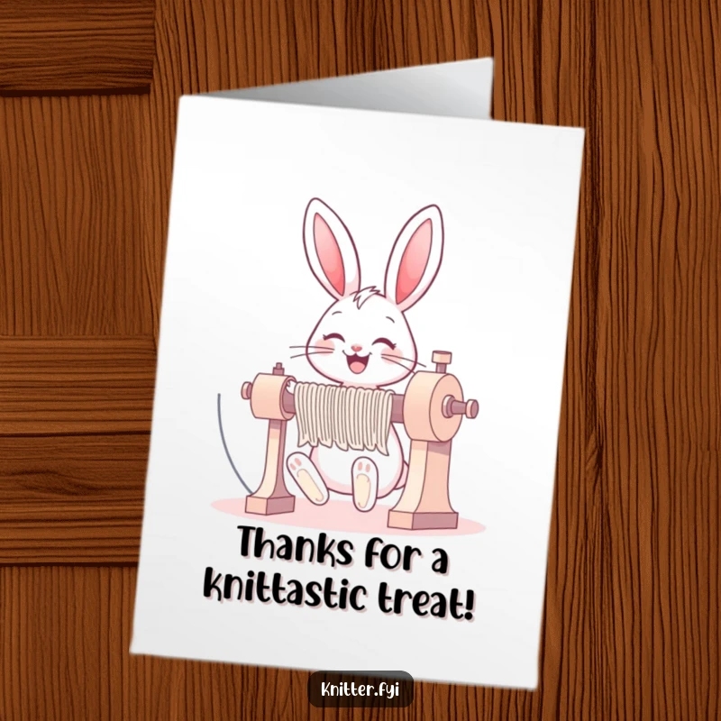 Funny Free Printable Thank You Card: A happy bunny joyfully operates a large knitting machine, crafting a fun message.