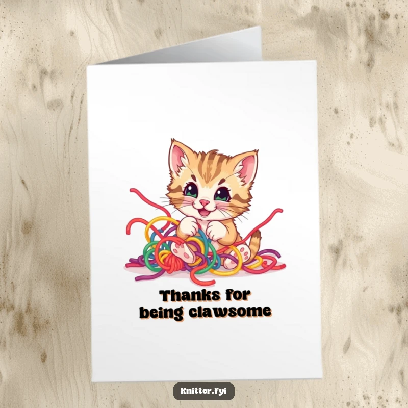 Funny Free Printable Thank You Card of a kitten tangled in yarn, looking very pleased with its situation.