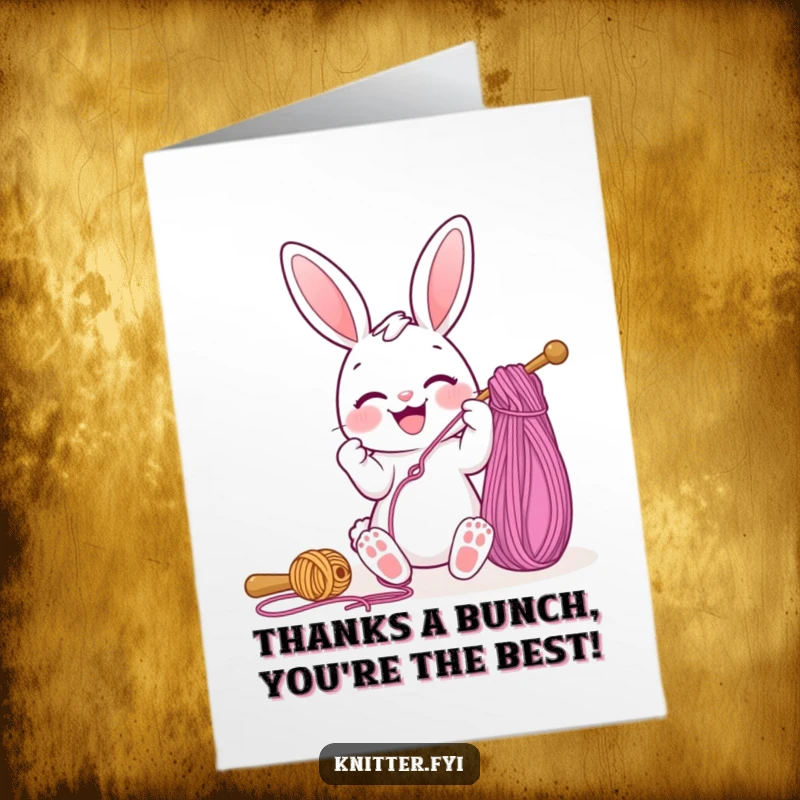 Funny Free Printable Bunny Thank You Card: A joyful bunny expertly threads a giant needle with yarn, expressing thanks.