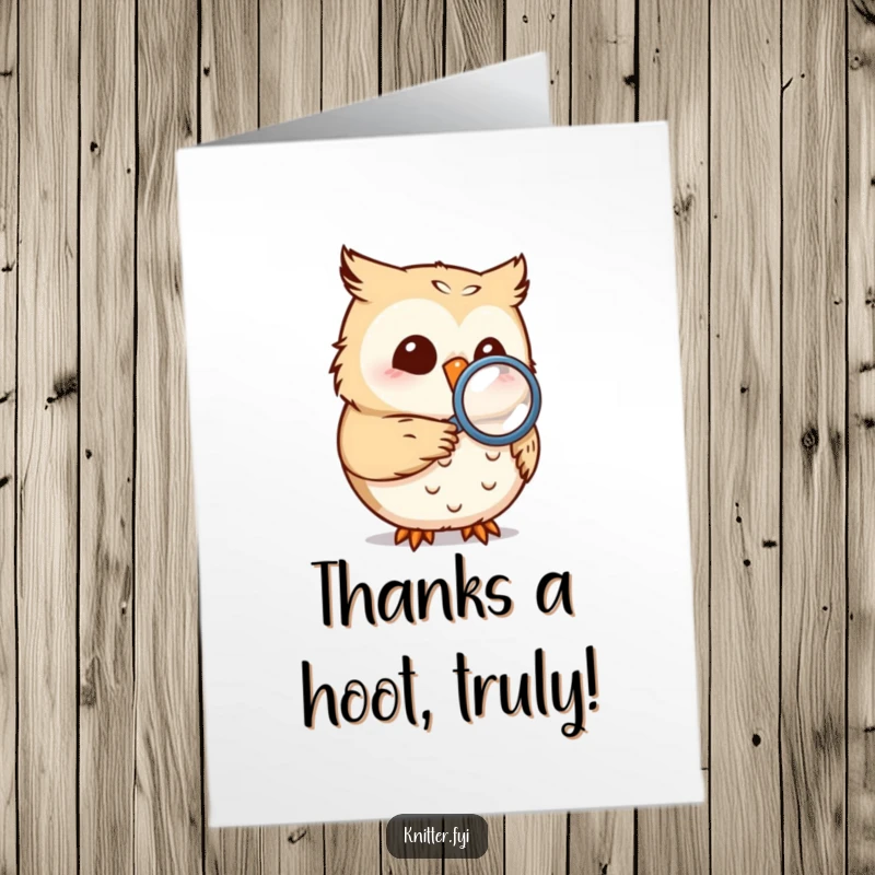 Funny Free Printable Owl Thank You Card: A smiling owl uses a magnifying glass to examine a tiny seam, showing diligent thankfulness.