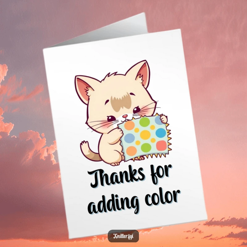 Free Printable Thank You Card: Curious creature with twitching whiskers shows interest in a vibrant, colorful pattern swatch.