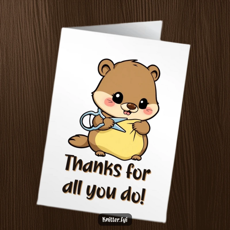 Funny Free Printable Beaver Thank You Card: A beaver is shown carefully cutting fabric with sharp scissors, symbolizing precise gratitude.