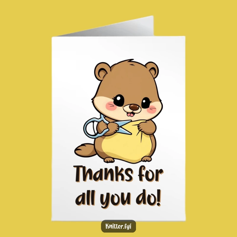 Free Printable Beaver Thank You Card: Humorous Beaver Tailor Cutting Fabric Gratitude Downloadable