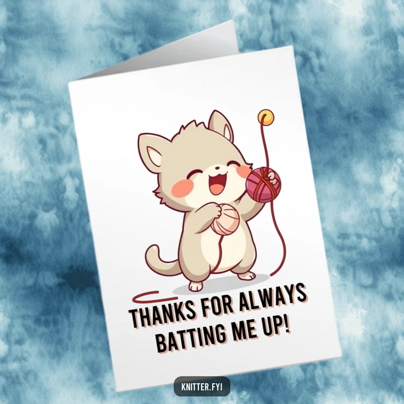 Funny Free Printable Thank You Card: Creature in yarn chaos, a playful way to say thanks.