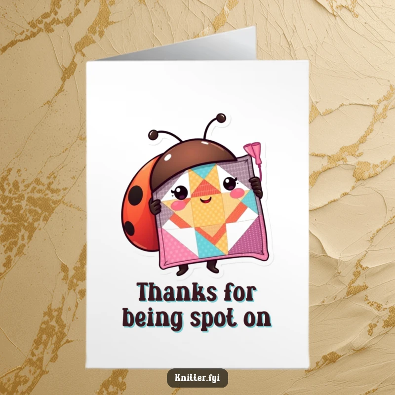 Funny free printable thank you card, a ladybug proudly showing a stitched quilt, sweet DIY appreciation gift.
