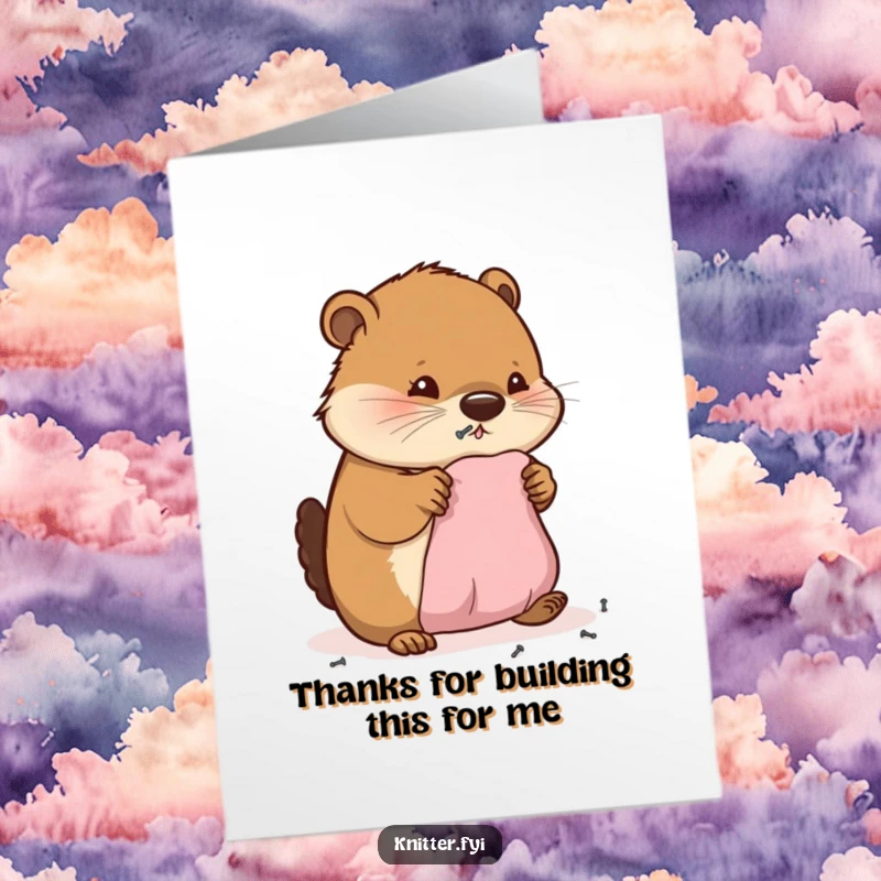 Funny Free Printable Beaver Thank You Card: Diligent beaver happily hammering, crafting a message of thanks with dedication.