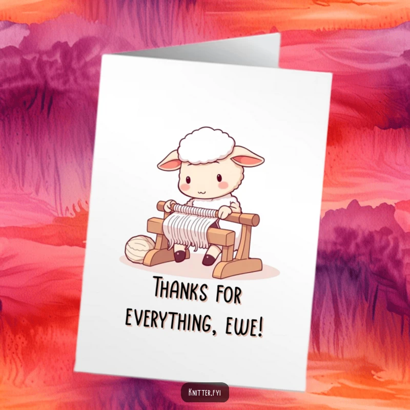 Funny Free Printable Thank You Card: A cute sheep attentively knitting on a large loom, expressing thanks.