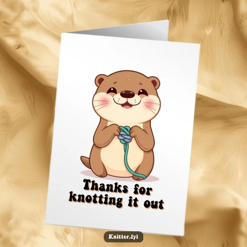 Charming free printable thank you card: a happy otter focusing on tying a perfect, secure knot on a strand of yarn.