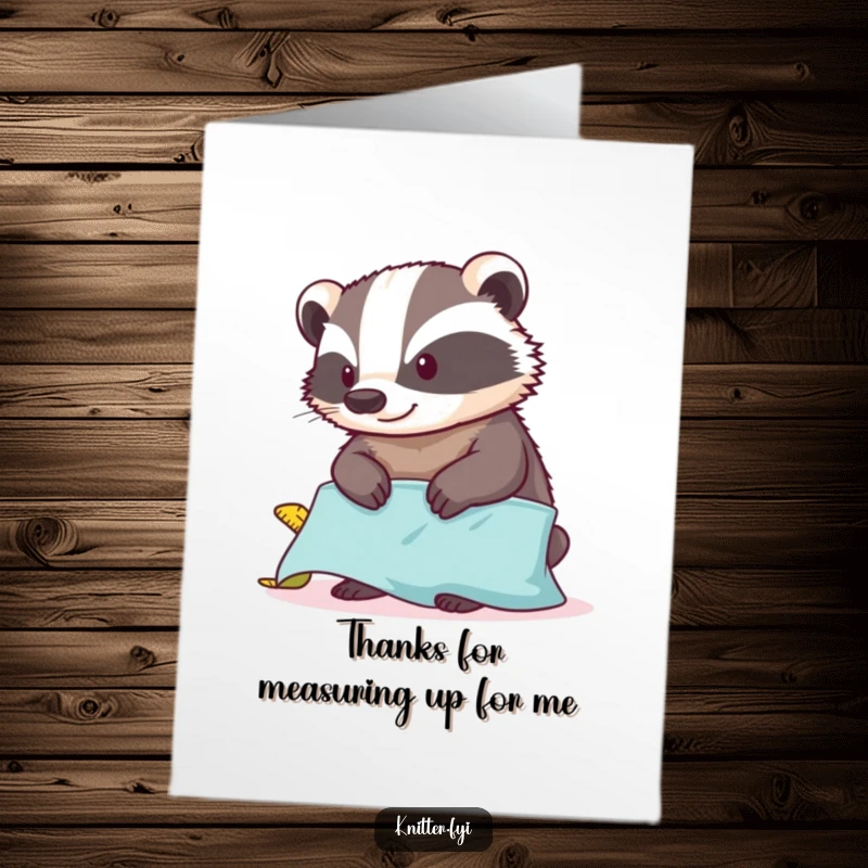 Funny Free Printable Badger Thank You Card: A badger measuring fabric sends a warm thank you with a crafting twist.