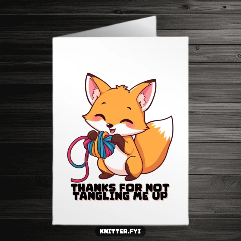 Funny Free Printable Fox Thank You Card: A mischievous fox playfully tangles colorful yarn, creating a funny chaotic knot.