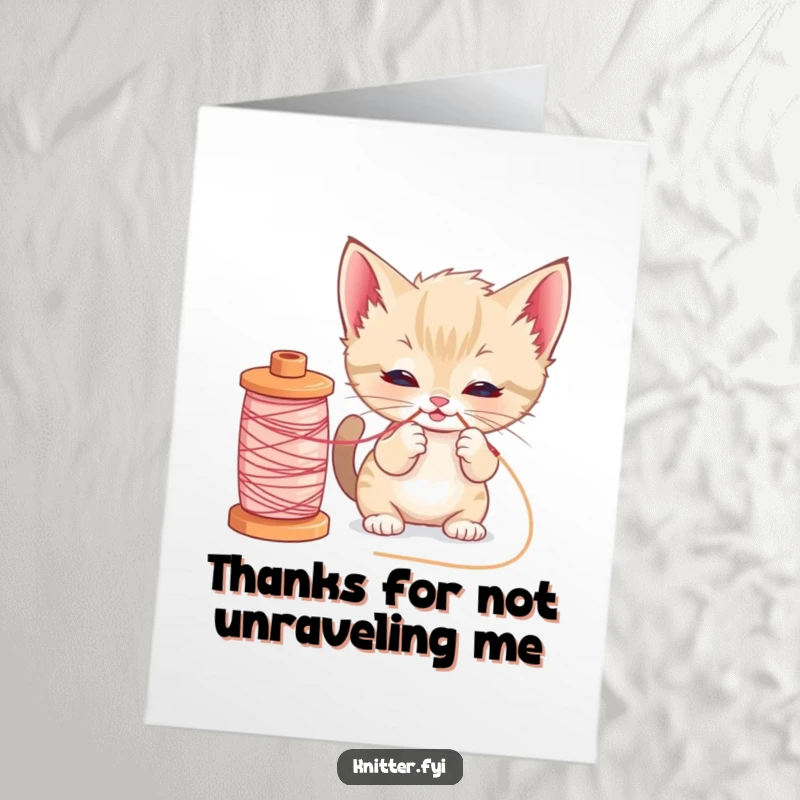 Funny Free Printable Thank You Card: A curious kitten creates a thread masterpiece, perfect for expressing thanks.