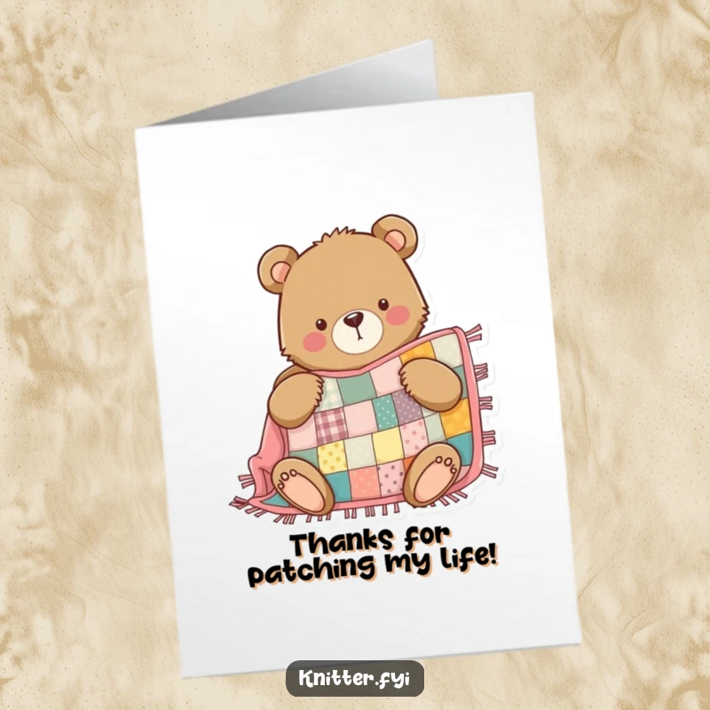 Funny Free Printable Thank You Card: Determined bear sewing a patchwork quilt, expressing thanks.