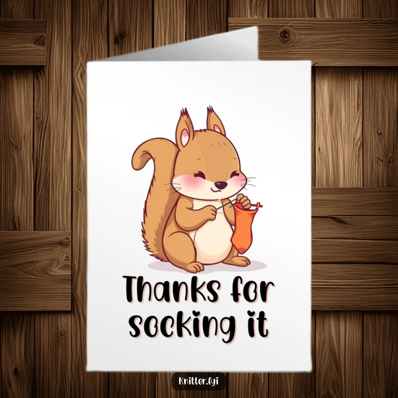 Funny Free Printable Thank You Card of a diligent squirrel mending a sock with needle and thread.