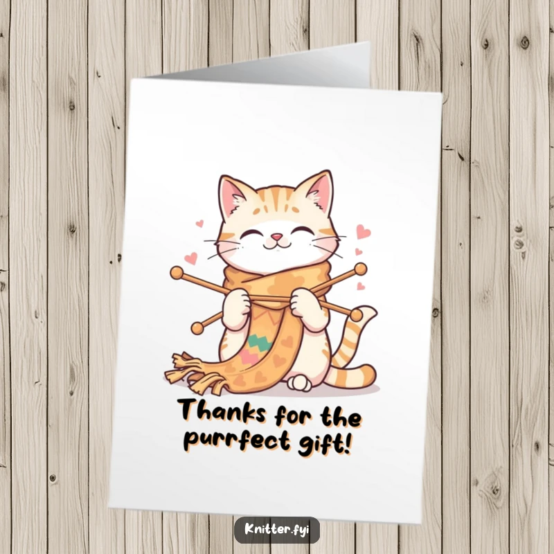 Funny Free Printable Thank You Card: A happy cat enthusiastically knitting a very long, colorful scarf as a token of thanks.