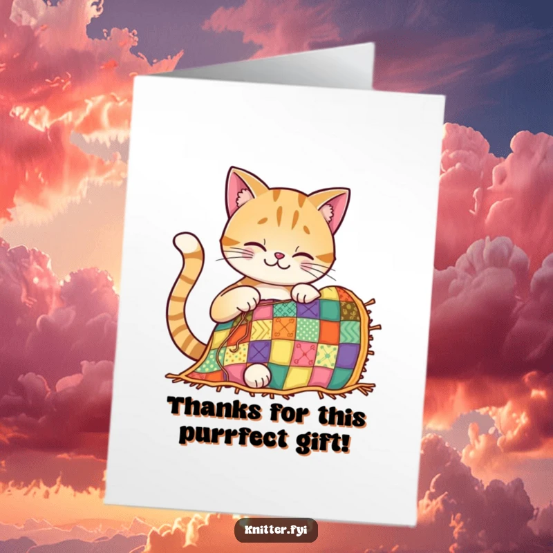 Funny Free Printable Thank You Card: A cheerful cat diligently stitches a beautiful patchwork quilt, expressing gratitude.