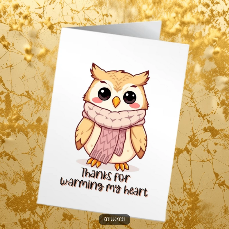 Funny Free Printable Thank You Card: Happy owl modeling a fabulous knitted scarf, a warm thank you.