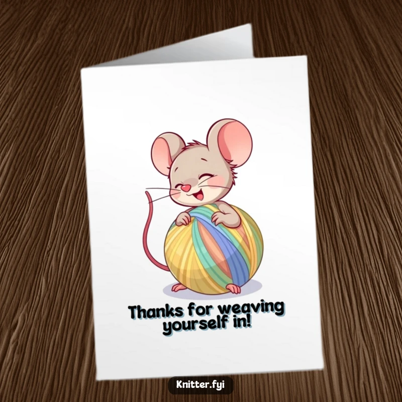 Funny free printable thank you card showing a giggling mouse character spinning a big ball of colorful yarn with its paws.