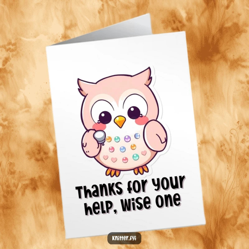 Funny Free Printable Thank You Card featuring a happy Kawaii owl diligently tapping a sequin, a detailed downloadable greeting.