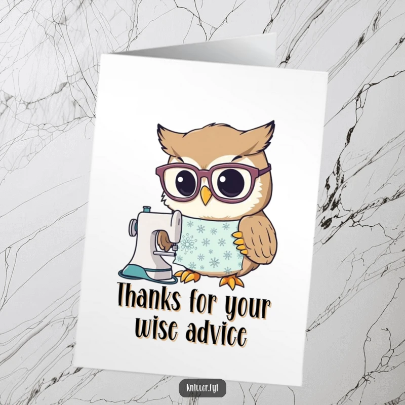 Funny Free Printable Owl Thank You Card: A curious owl wearing big glasses examines a detailed sewing pattern, expressing thanks.