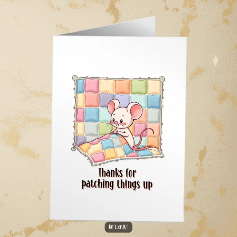 Funny Free Printable Thank You Card featuring a giggling Kawaii mouse sewing colorful patches, a wonderfully downloadable greeting.