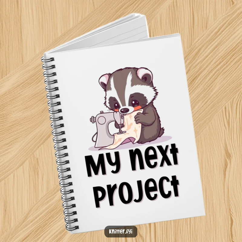 Funny notebook cover featuring a curious badger intently studying a complex sewing pattern. Inspiring stationery for crafters, a perfect funny gift.