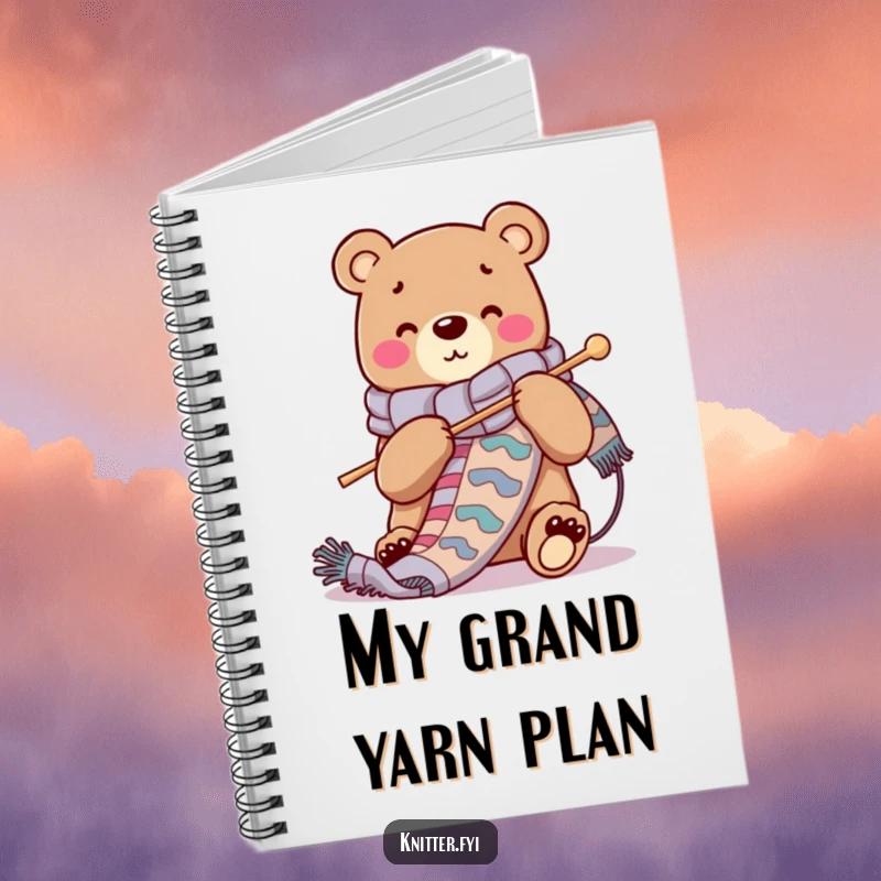 Funny notebook featuring a cheerful bear character knitting a long, vibrant scarf, ideal for jotting down knitting ideas.