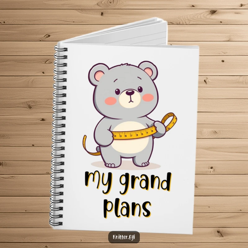Funny Notebook featuring a determined bear measuring fabric with a golden measuring tape, encouraging focused planning and creativity.