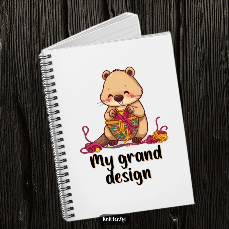 Funny beaver notebook cover featuring a diligent character weaving an intricate basket from colorful threads, perfect for notes.