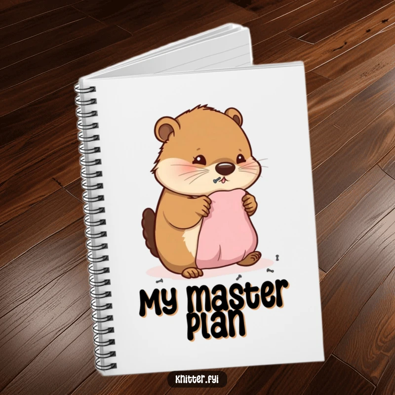 Funny notebook cover showing a busy beaver happily hammering small nails into miniature fabric, ideal for project notes.