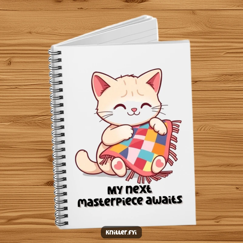 Funny cat notebook featuring a happy cat meticulously sewing a miniature quilt, inspiring creativity and organization.