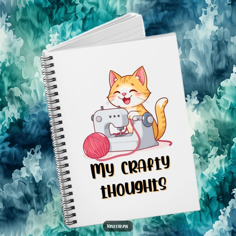 Funny happy cat notebook sewing with yarn, a cute and inspiring journal for your ideas.