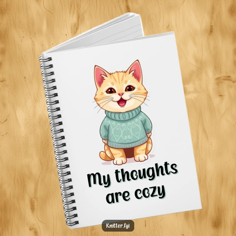Funny notebook cover featuring a delighted cat wearing a tiny, handmade sweater. Cute and practical for notes, a perfect funny gift.