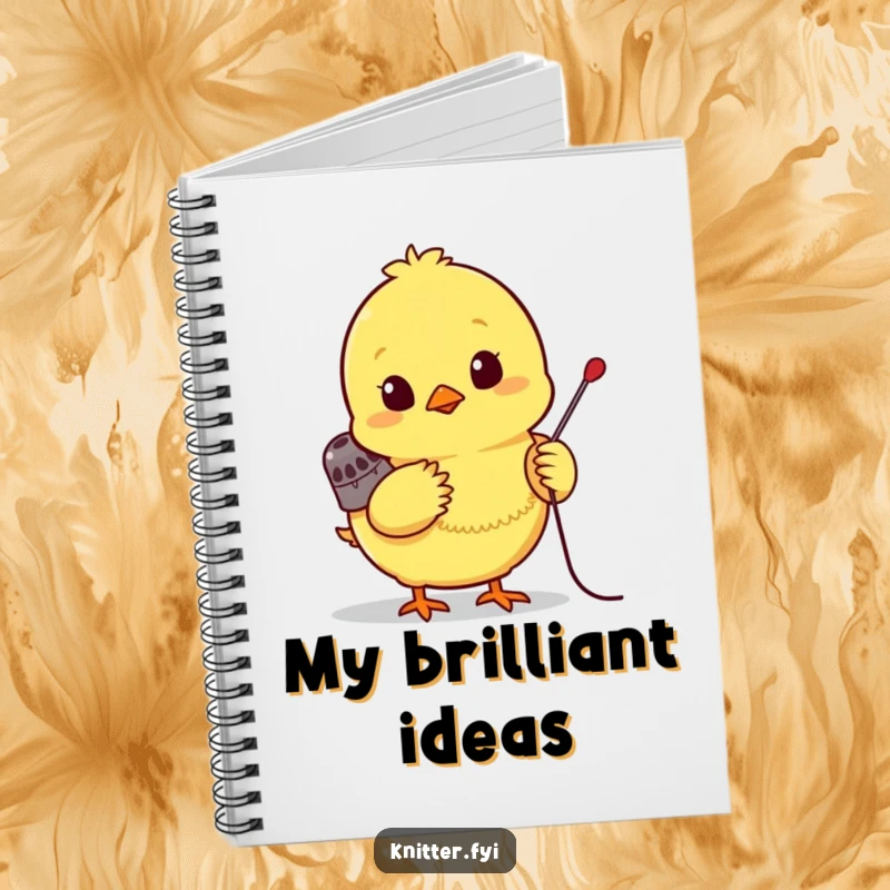 Funny chick notebook, a bright yellow chick wearing a tiny thimble, eagerly pushing a needle, perfect for notes.