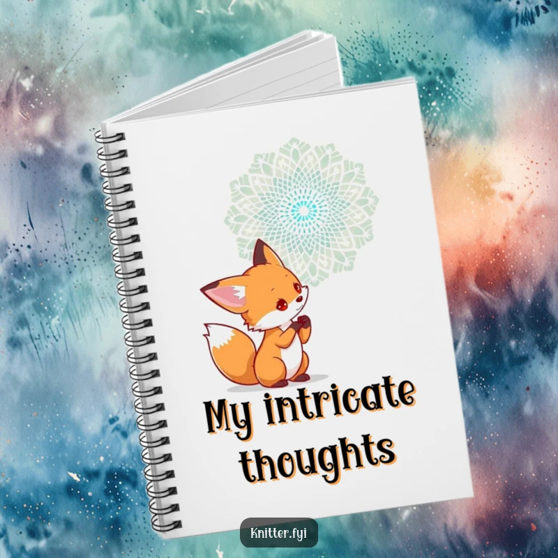 Funny notebook featuring a curious fox character examining a complex lace pattern being woven in the air, ideal for creative notes.