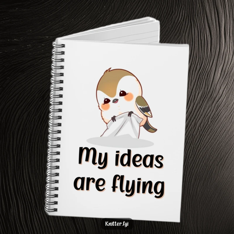 Funny notebook cover art: a giggling chickadee bird curiously pecking at a swatch of fabric, conveying whimsy.