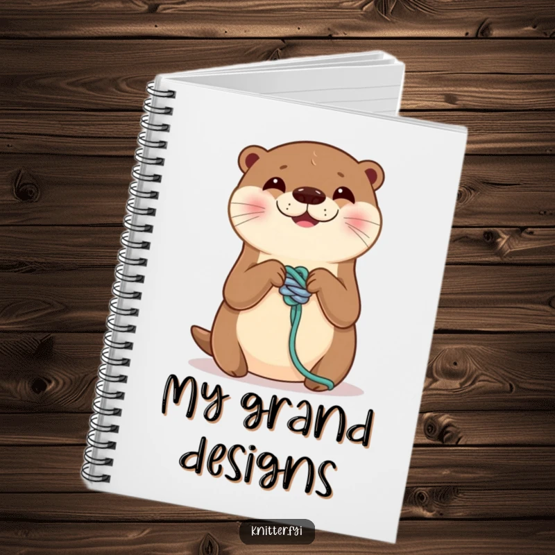 Funny notebook cover featuring a smiling otter meticulously tying a perfect knot on a yarn strand. Inspiring stationery for crafters, a perfect funny gift.