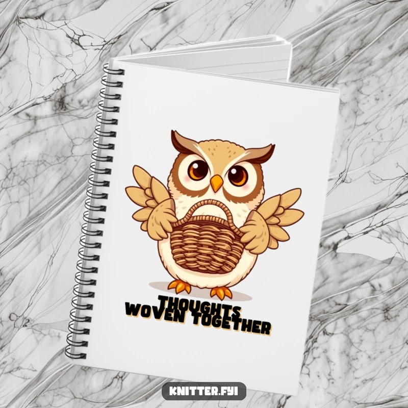 Funny owl notebook depicting a proud owl displaying a beautifully woven basket. Ideal for notes.