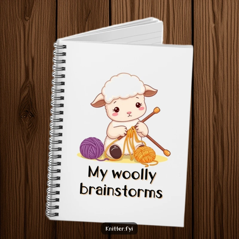 Funny Sheep Notebook featuring a cute sheep character busily threading colorful yarn onto a large needle, perfect for journaling.