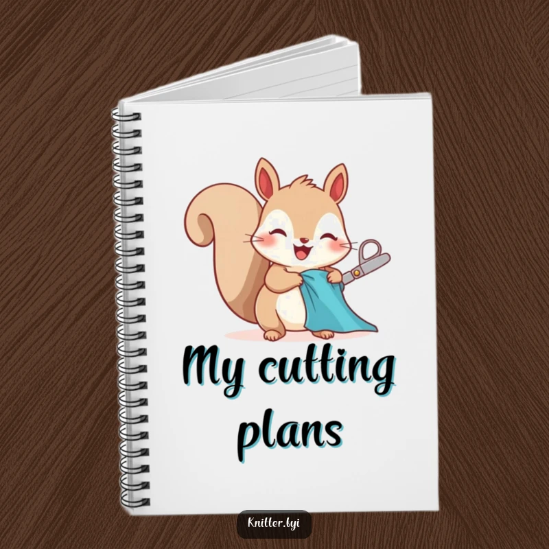 Funny squirrel notebook cover, happily cutting fabric with tiny scissors, perfect for project notes.