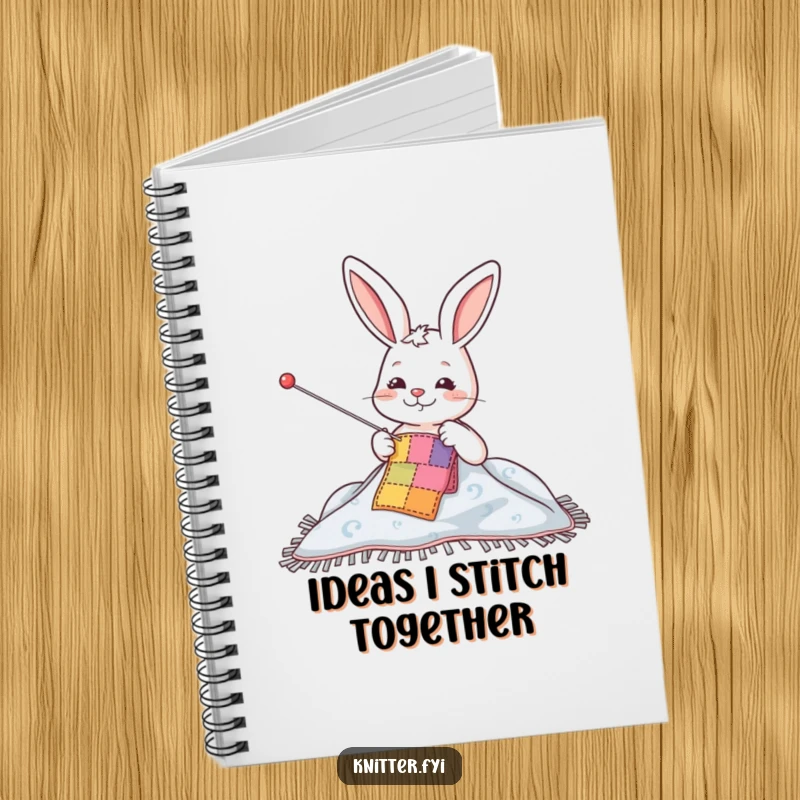 Funny notebook featuring a happy rabbit character sewing a colorful patch onto a blanket, perfect for jotting down creative ideas.