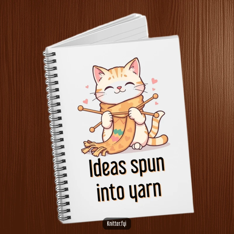 Funny cat notebook depicting a happy cat knitting a very long, colorful scarf. Ideal for jotting notes and creative ideas.