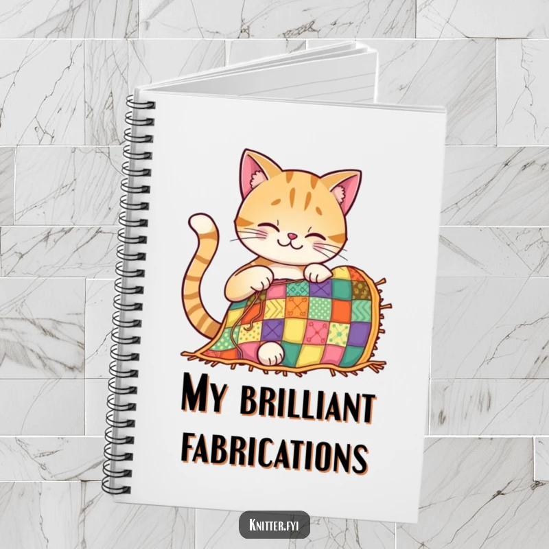 Funny cat notebook with a smiling cat concentrating on stitching a vibrant patchwork quilt, ready for notes.